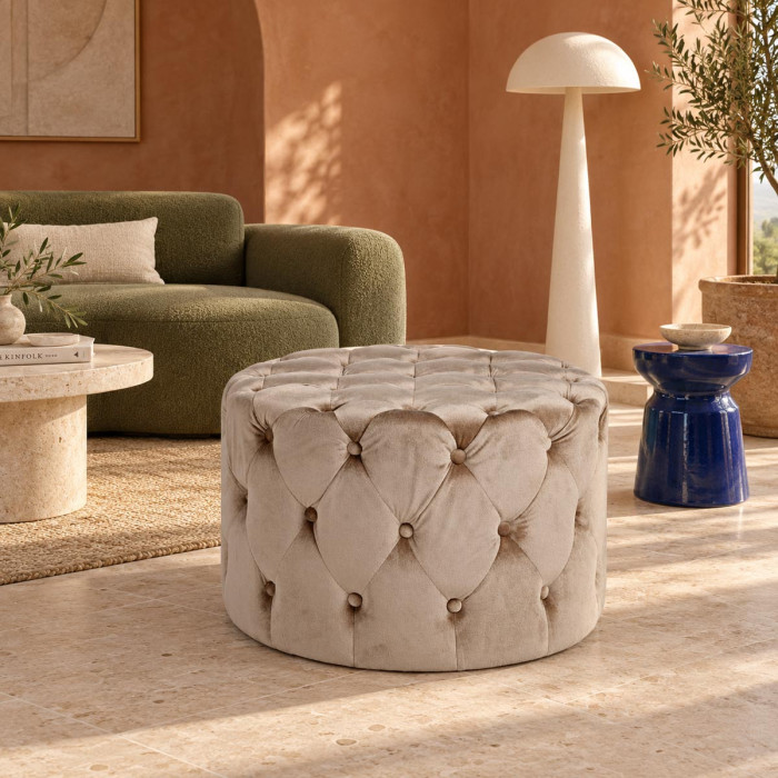 Pouf tondo LORELLA tortora in velluto capitonné Ø 60 x H 42 cm