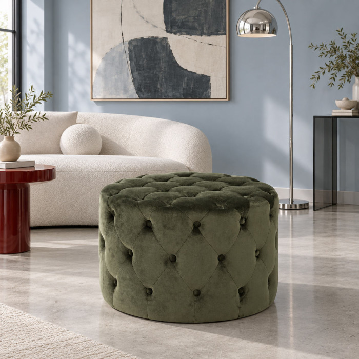 Pouf tondo LORELLA verde bosco in velluto capitonné Ø 60 x H 42 cm