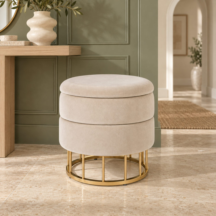 Pouf contenitore PAVLINA beige in velluto Ø 37,5 x H 42 cm