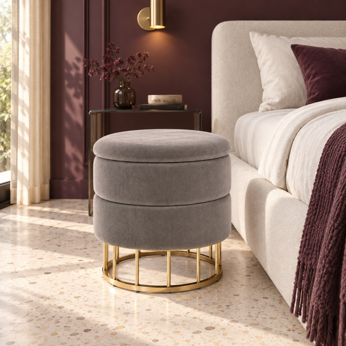 Pouf contenitore PAVLINA grigio scuro in velluto Ø 37,5 x H 42 cm