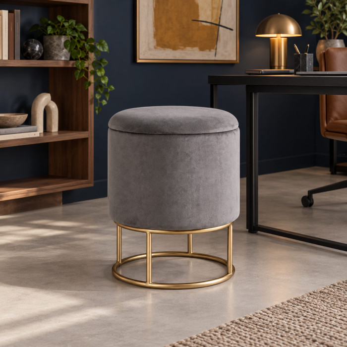 Pouf contenitore POLINA grigio scuro in velluto Ø 34,5 x H 45 cm
