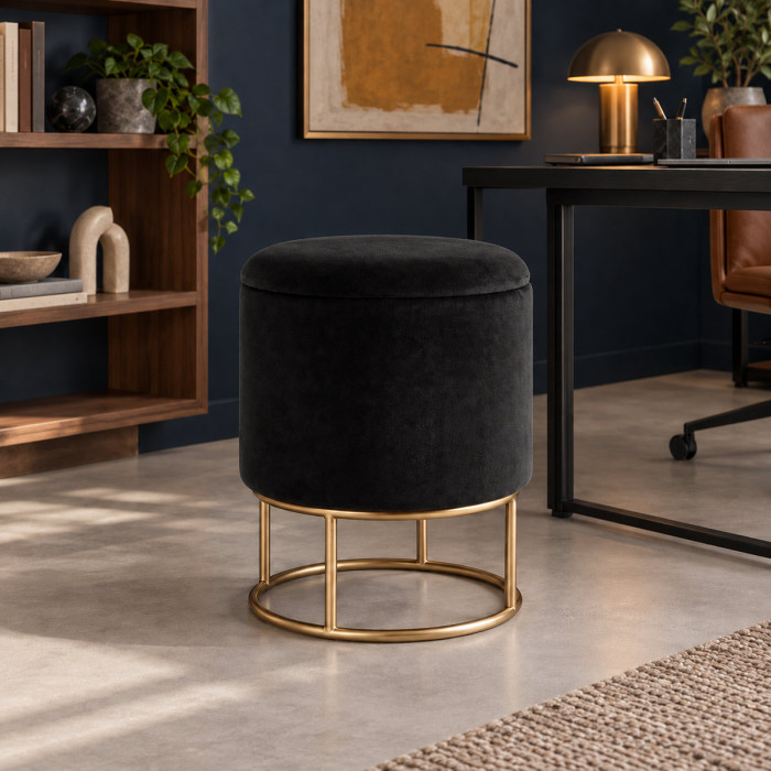 Pouf contenitore POLINA nero in velluto Ø 35 x H 45 cm
