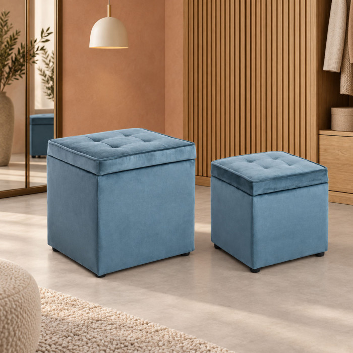 Set di 2 pouf contenitore BELLVILLE in velluto blu avio