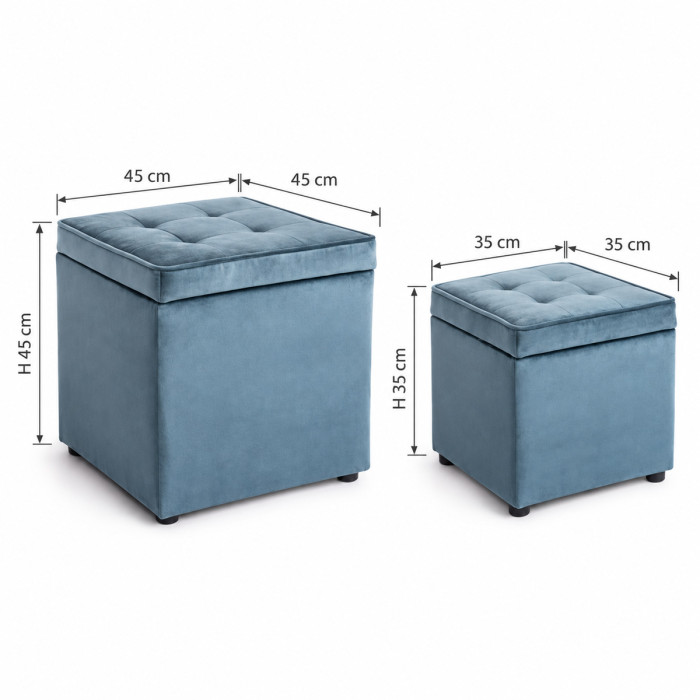 Dettaglio del rivestimento in velluto blu avio del pouf BELLVILLE