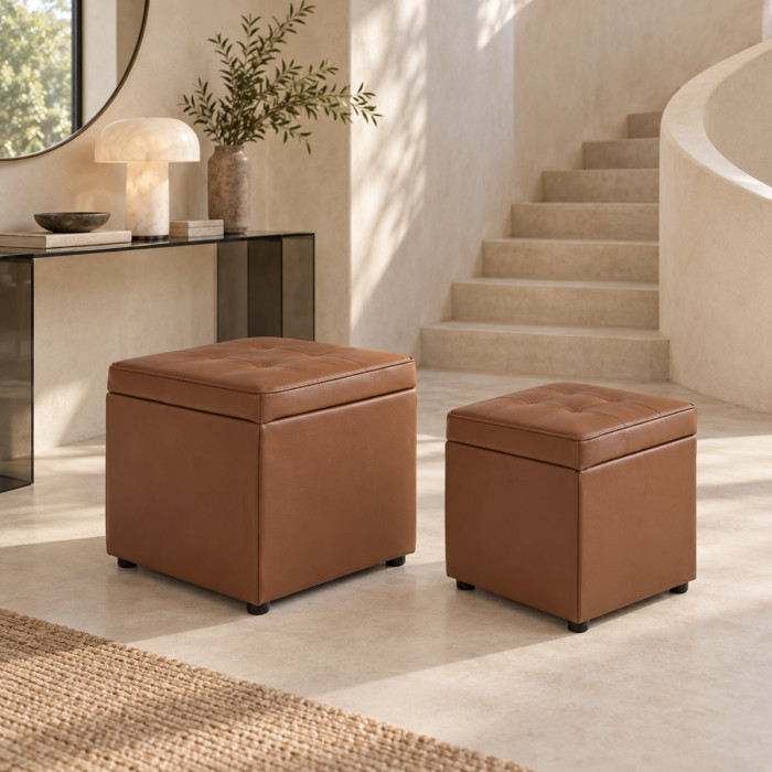 Set di 2 pouf contenitore BELLVILLE in similpelle tabacco