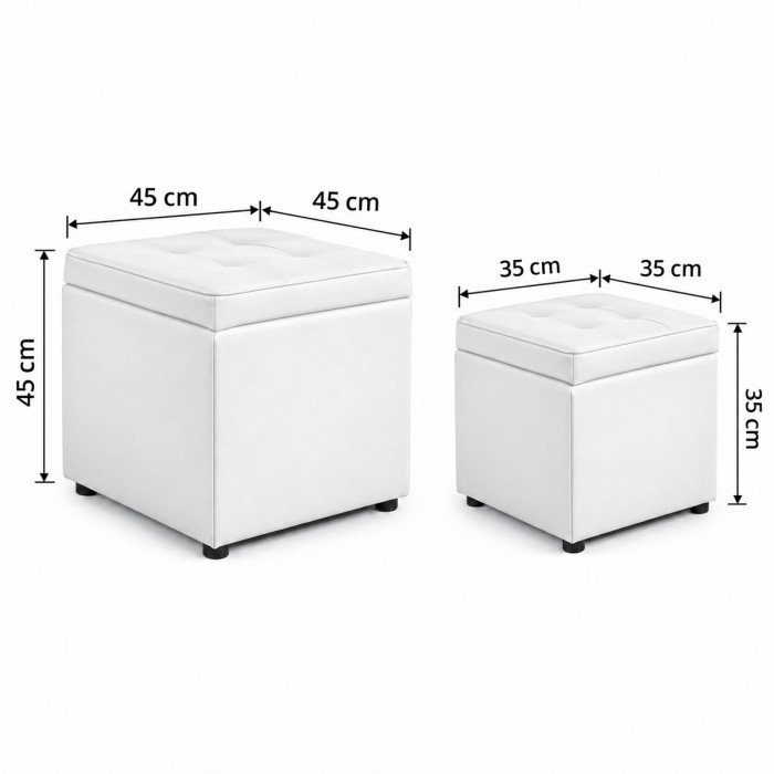 Coppia di pouf quadrati bianchi nelle misure 35 e 45 cm