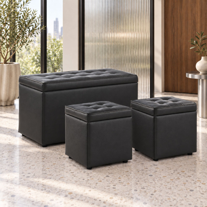 Set panca e 2 pouf contenitore BELLVILLE in similpelle nera