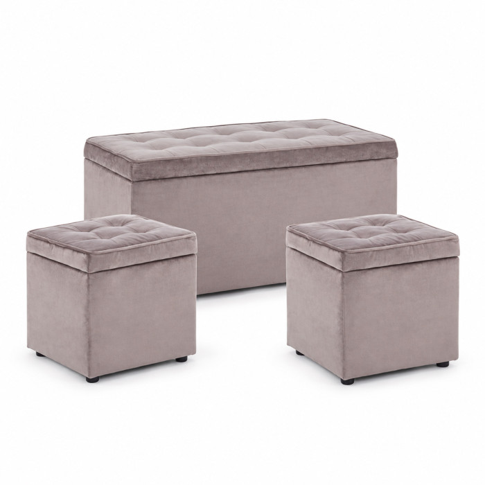 Panca BELLVILLE da 89 cm con due pouf poggiapiedi coordinati