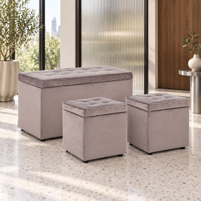 Set panca e 2 pouf contenitore BELLVILLE in velluto grigio