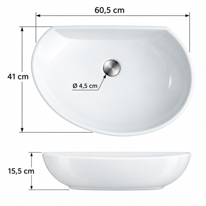Lavabo in ceramica bianca da appoggio largo 60,5 cm