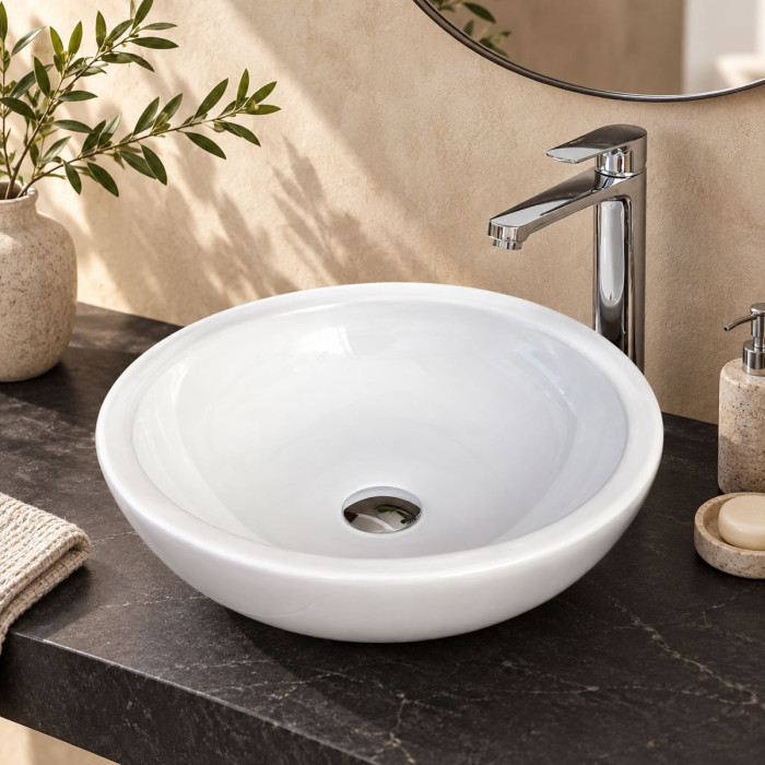 Lavabo da appoggio TWIST rotondo in ceramica bianca lucida
