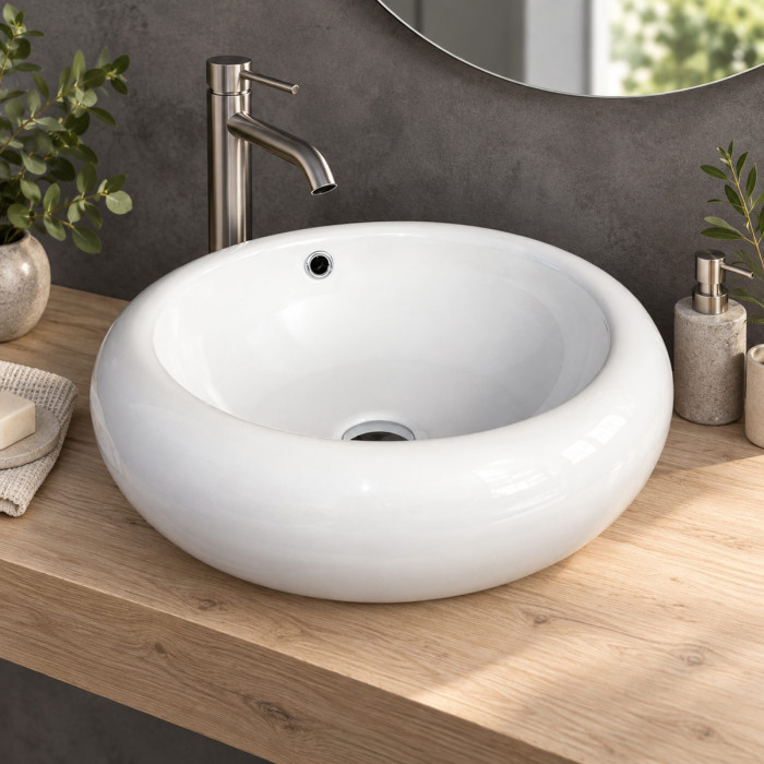 Lavabo da appoggio RAP rotondo in ceramica bianca lucida