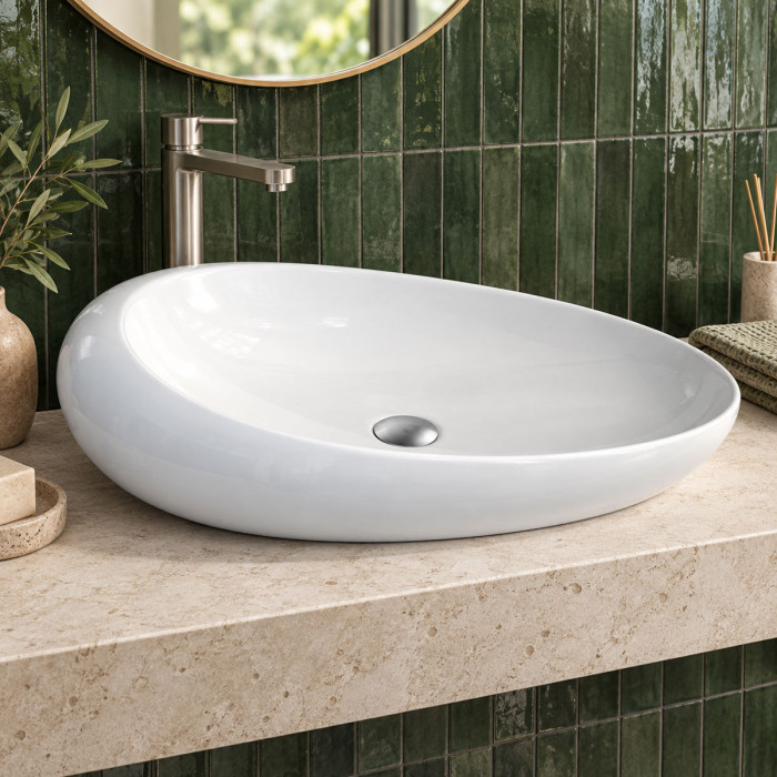 Lavabo da appoggio GAME ovale in ceramica bianca lucida