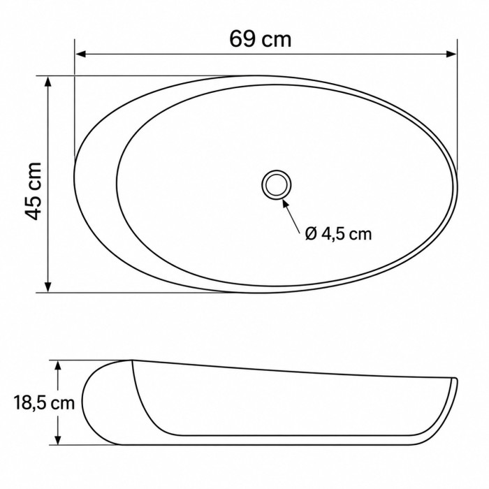 Dimensioni lavabo GAME 69 × 45 × H 18,5 cm