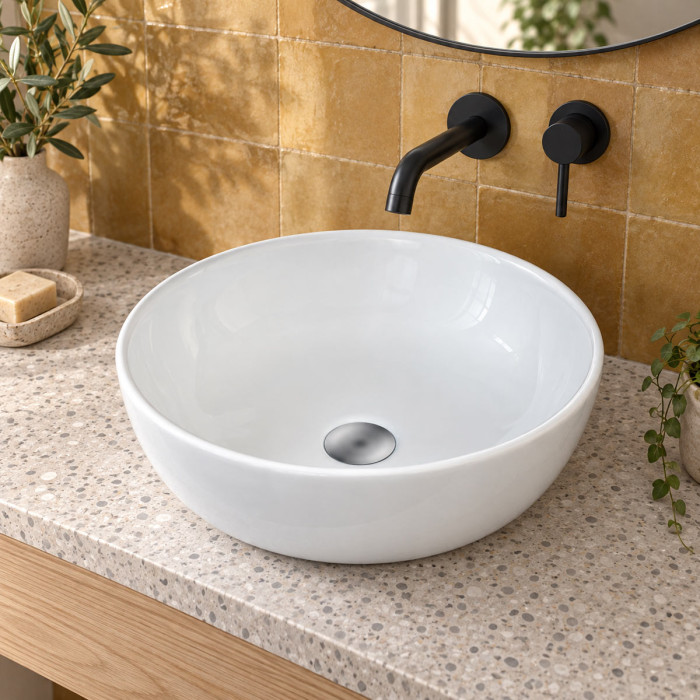 Lavabo da appoggio BEAT rotondo in ceramica bianca lucida