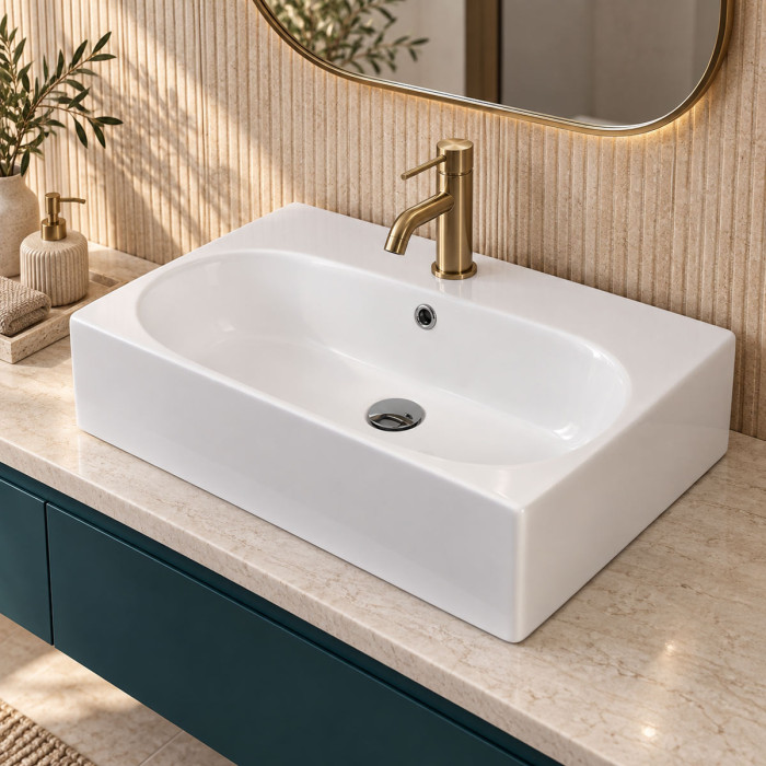 Lavabo da appoggio SOUL rettangolare in ceramica bianca