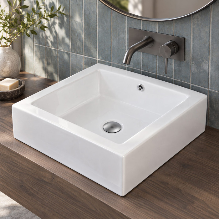 Lavabo da appoggio MINIMAL quadrato in ceramica bianca