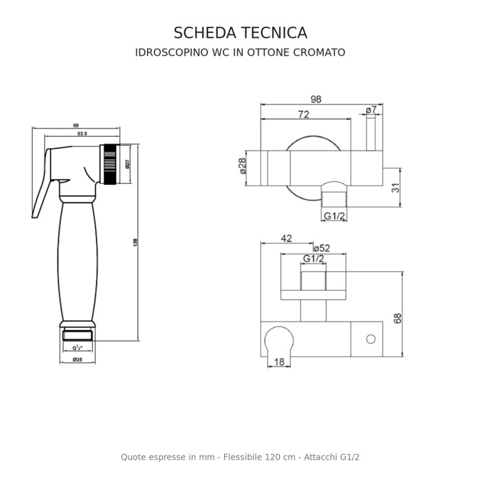 Set idroscopino SALOMÈ con flessibile in acciaio inox da 120 cm