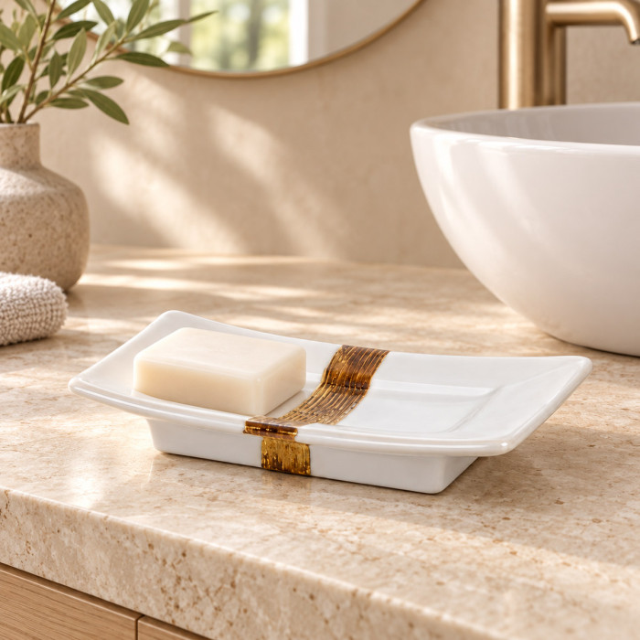 Portasapone MAYA in ceramica bianca con fascia color bronzo