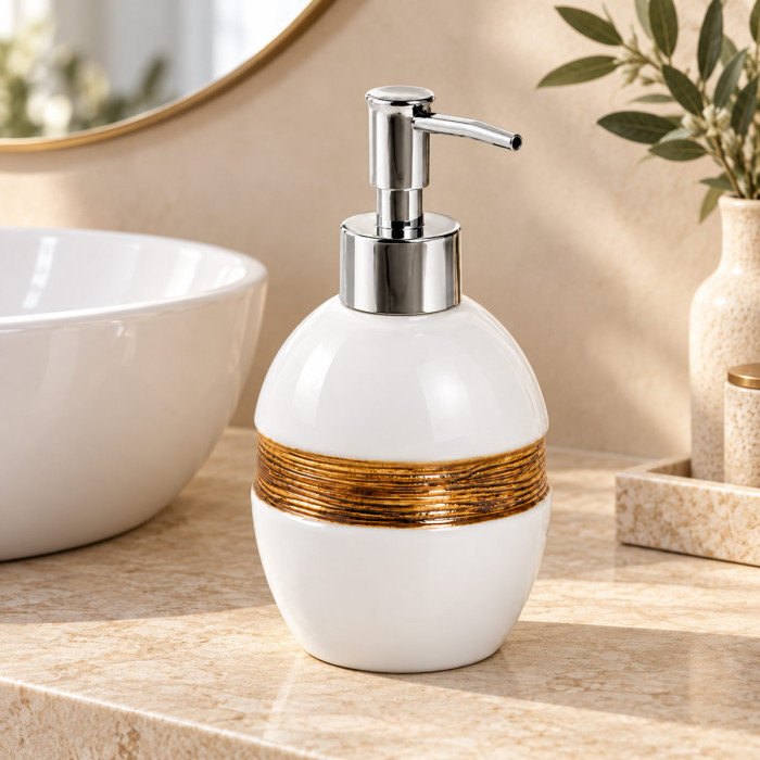 Dispenser sapone liquido MAYA in ceramica bianca e bronzo