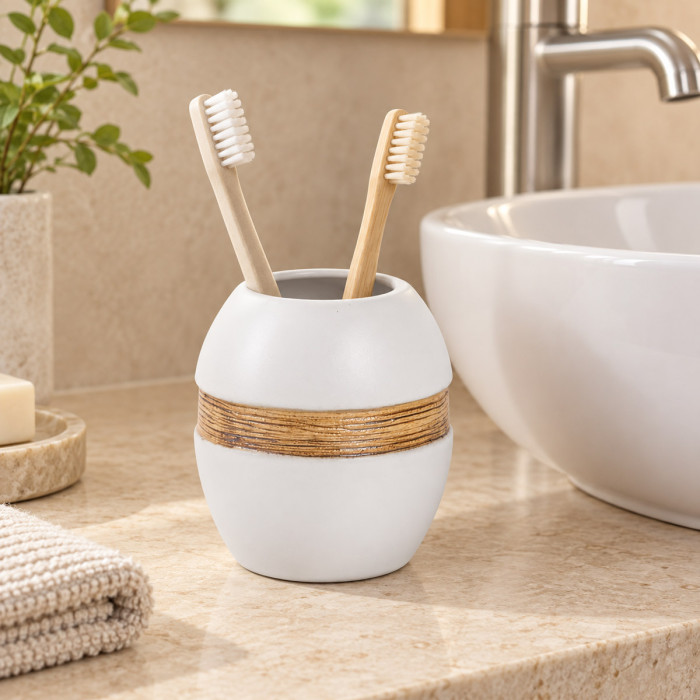 Portaspazzolino MAYA in ceramica bianco opaco e bronzo