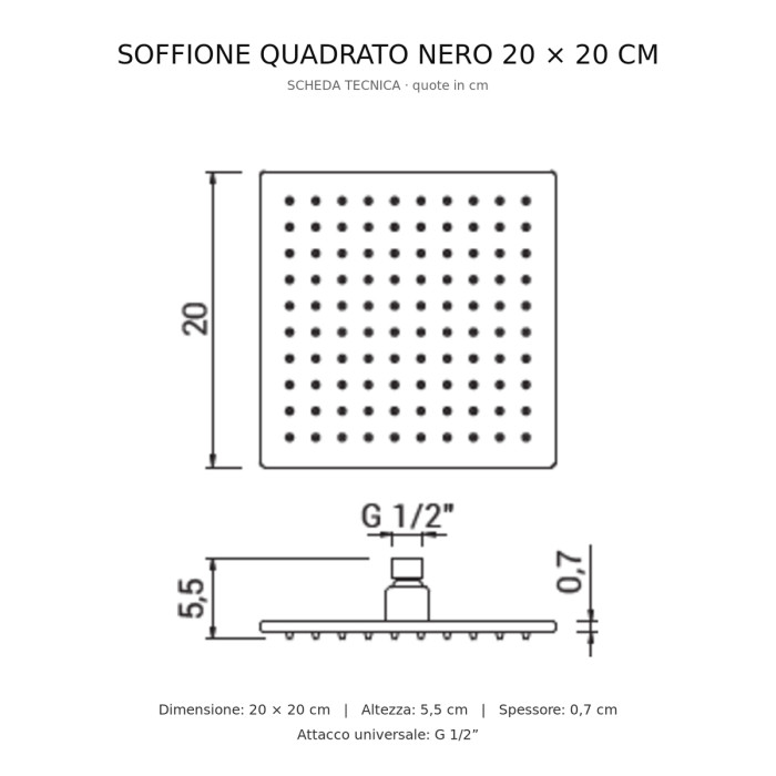 Soffione doccia quadrato diverse misure in acciaio nero opaco Seven orientabile