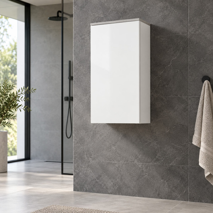 Pensile bagno TITAN bianco lucido e cemento con anta e cassetto
