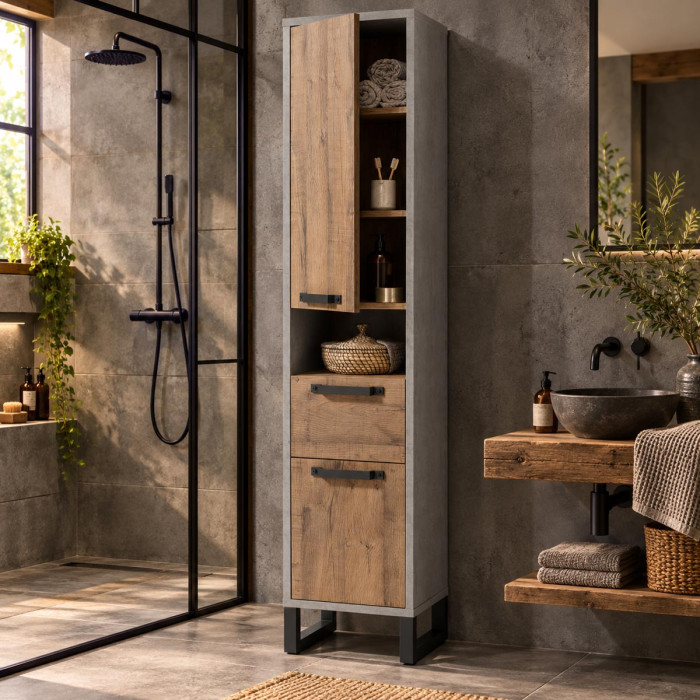 Mobile colonna bagno INDUS Rovere invecchiato e cemento alto 190 cm