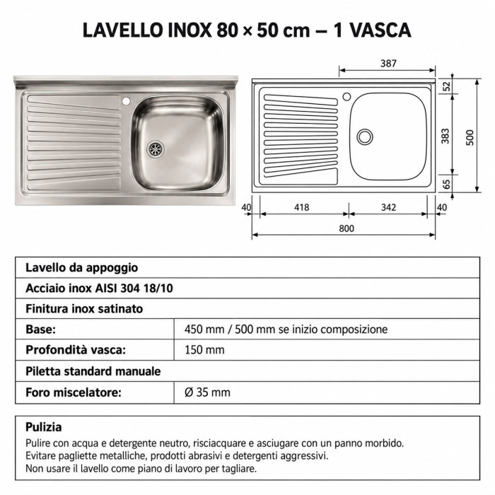 Lavello inox a una vasca con piano di appoggio a sinistra