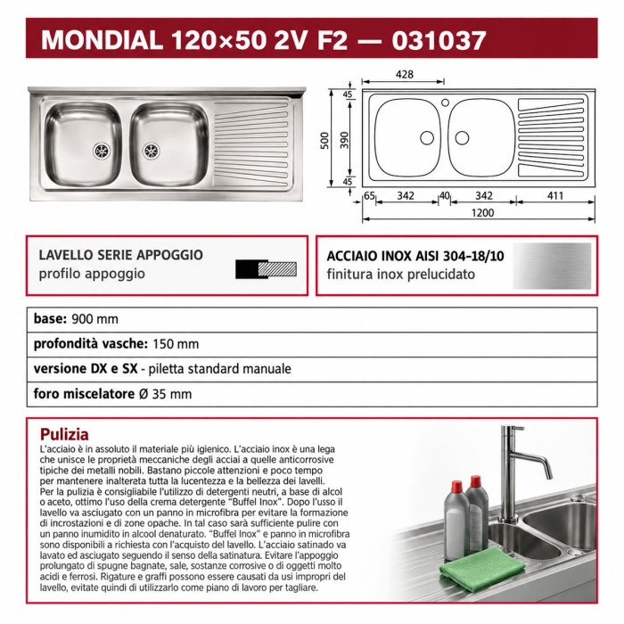 Lavello inox a due vasche con piano di appoggio a destra