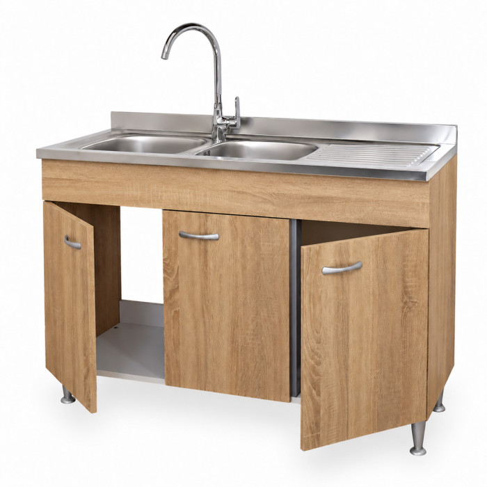 Sottolavello BASIC rovere Well con tre ante e lavello inox