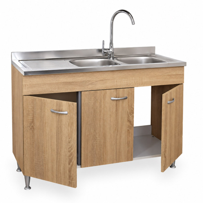 Sottolavello BASIC rovere Well con tre ante e lavello inox