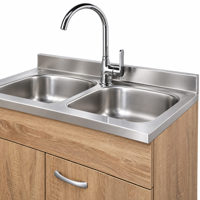 Sottolavello BASIC rovere Well con due ante e lavello inox