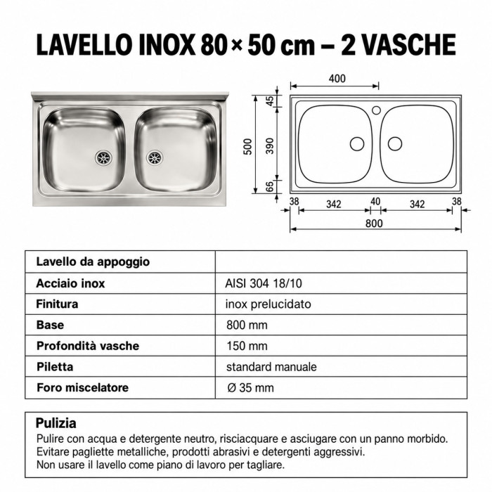 Lavello in acciaio inox a due vasche per mobile sottolavello