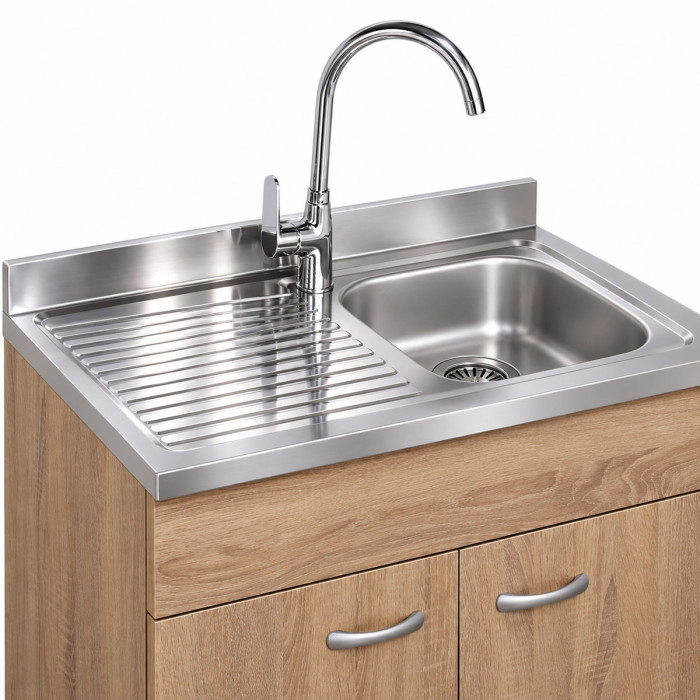 Sottolavello BASIC rovere Well con due ante e lavello inox