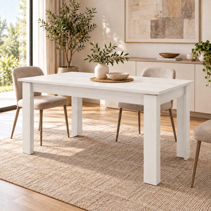Tavolo Bianco Frassinato ambientato in una sala da pranzo moderna