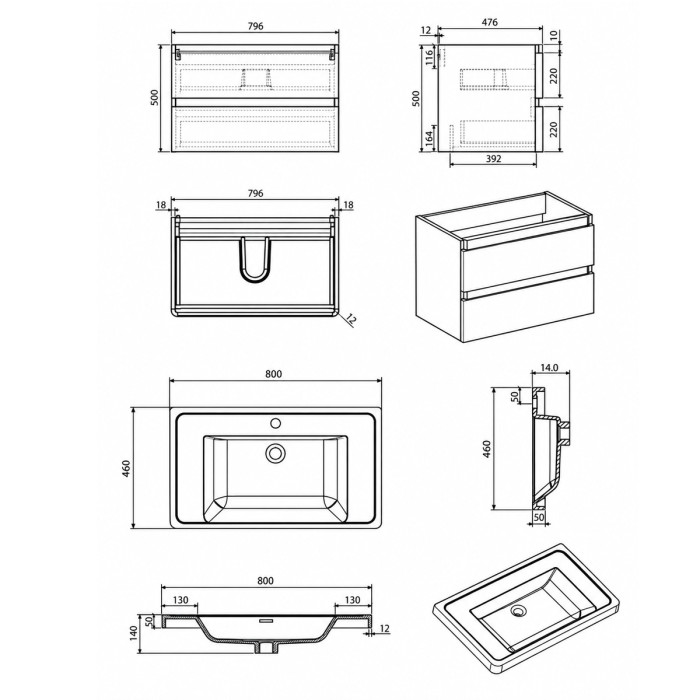 Dimensioni mobile sospeso MEG 80 × 48 × H 50 cm