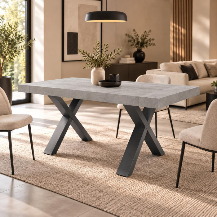 Tavolo allungabile OLIVER grigio cemento con gambe a X antracite