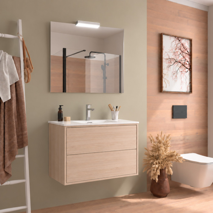 Composizione PHIL naturale con lavabo, specchio e applique LED
