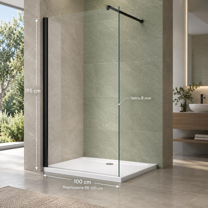 Parete doccia reversibile 98–100×H195 cm vetro trasparente 8 mm