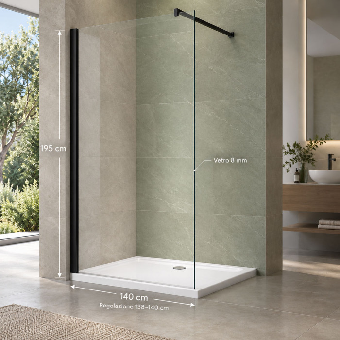 Walk-In EXTRA 138–140×H195 cm con braccetto stabilizzatore nero