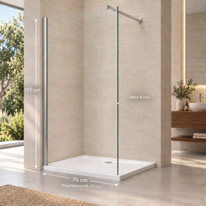 Parete doccia fissa 68–70×H195 cm in vetro temperato trasparente