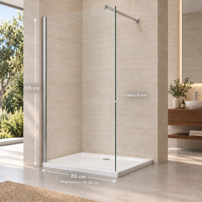 Parete doccia fissa 78–80×H195 cm in vetro temperato trasparente