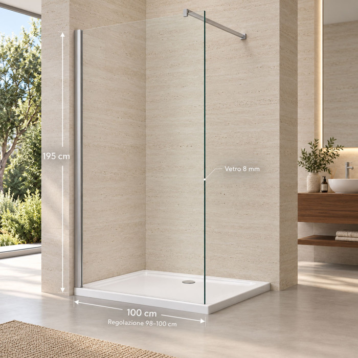 Parete doccia fissa 98–100×H195 cm in vetro temperato trasparente