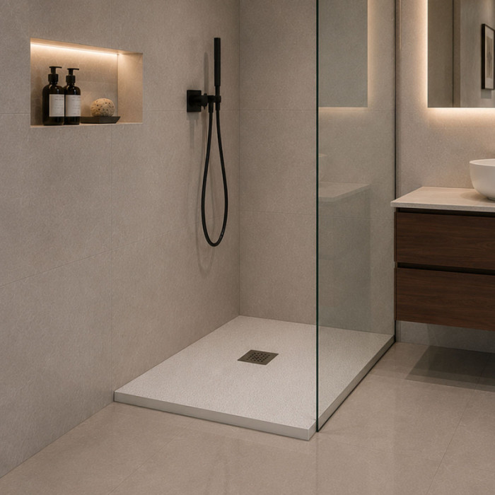Superficie antiscivolo effetto pietra del piatto doccia HEAVY bianco 80x80 cm