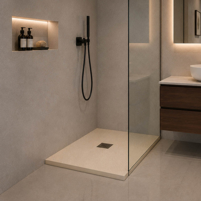 Piatto doccia HEAVY 90x90 cm sabbia con copripiletta quadrata in acciaio inox
