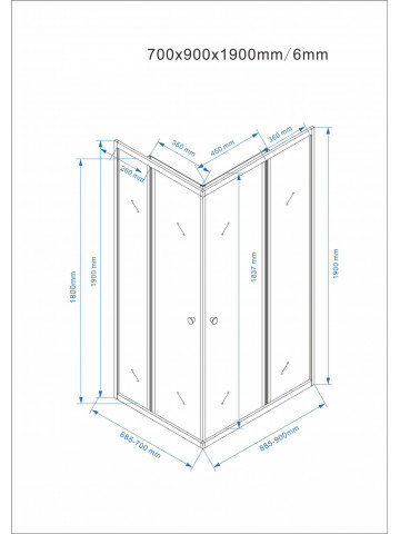 Scheda tecnica box doccia rettangolare cm 70x90x190
