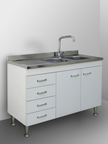 Sottolavello con cassetti a sx o dx e 2 ante finitura bianco lavello inox 2 vasche cm 120 x 50x H81 serie Basic